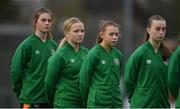 3 November 2022; Republic of Ireland players, from left, Finley Newell, Ciara Fitzpatrick, Lauryn McCabe and Kayla Maguire before the Women's U16 International Friendly match between Republic of Ireland and Switzerland at Whitehall Stadium in Dublin. Photo by Seb Daly/Sportsfile