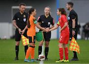 3 November 2022; Republic of Ireland captain Amy Tierney and Switzerland captain Nathalie Widmer shake hands before the Women's U16 International Friendly match between Republic of Ireland and Switzerland at Whitehall Stadium in Dublin. Photo by Seb Daly/Sportsfile