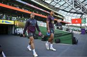 4 November 2022; Cheslin Kolbe, left, and Damian Willemse arrive for the South Africa captain's run at the Aviva Stadium in Dublin. Photo by Brendan Moran/Sportsfile