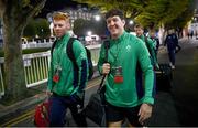 4 November 2022; Nathan Doak, left, and Tom Stewart of Ireland arrive before the match between Ireland A and All Blacks XV at RDS Arena in Dublin. Photo by David Fitzgerald/Sportsfile