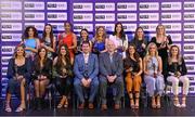 4 November 2022; The 2022 TG4 Junior Team of the Championship, front row, from left, Anna McCann of Antrim, Kristine Reidy of Limerick, Aislinn McFarland of Antrim, Mícheál Naughton, LGFA President, Rónán Ó Coisdealbha, Head of Sport, TG4, Niamh McIntosh of Antrim, Sarah McCarville of Fermanagh and Orlaith Prenter of Antrim, back row, from left, Saoirse Tennyson of Antrim, Sarah O’Neill of Antrim, Lara Dahunsi of Antrim, Aisling O’Brien of Fermanagh, Cathy Carey of Antrim, Bláithín Bogue of Fermanagh, Rachel Sawyer of Carlow and Sara Doyle of Carlow, at the 2022 TG4 Teams of the Championship awards night at Croke Park, Dublin. Photo by Seb Daly/Sportsfile