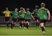 4 November 2022; Tara O'Hanlon of Peamount United celebrates with teammates after scoring her side's goal during the EA SPORTS Women's National Under-19 League Cup Final match between Peamount United and Shamrock Rovers at Athlone Town Stadium in Athlone, Westmeath. Photo by Ray Ryan/Sportsfile