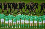 4 November 2022; The All Blacks XV perform the haka before the match between Ireland A and All Blacks XV at RDS Arena in Dublin. Photo by Brendan Moran/Sportsfile