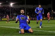 4 November 2022; Wassim Aouachria of Waterford celebrates after scoring his side's second goal during the SSE Airtricity League First Division play-off final match between Waterford and Galway United at Markets Field in Limerick. Photo by Michael P Ryan/Sportsfile