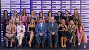 4 November 2022; The 2022 TG4 Intermediate Team of the Championship, front row, from left, Eimear Barry of Laois, Sarah Harding Kenny of Wexford, Aisling Donoher of Laois, Mícheál Naughton, LGFA President, and Rónán Ó Coisdealbha, Head of Sport, TG4, Tara Kelly of Clare, Rachel Williams of Laois, and Fidelma Marrinan of Clare, back row, from left, Róisín Murphy of Wexford, Ellen Healy of Laois, Aisling Reidy of Clare Laura Fleming of Roscommon, Caitríona Murray of Wexford, Laura-Marie Maher of Laois, Erone Fitzpatrick of Laois, Mo Nerney of Laois and Aisling Murphy of Wexford, at the 2022 TG4 Teams of the Championship awards night at Croke Park, Dublin. Photo by Seb Daly/Sportsfile