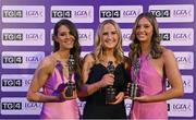 4 November 2022; Clare players, from left, Fidelma Marrinan, Tara Kelly and Aisling Reidy with their TG4 Intermediate Team of the Championship awards at the 2022 TG4 Teams of the Championship awards night at Croke Park, Dublin. Photo by Seb Daly/Sportsfile