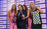 4 November 2022; Clare players, from left, Aisling Reidy, Fidelma Marrinan and Tara Kelly  with MC Marty Morrissey at the 2022 TG4 Teams of the Championship awards night at Croke Park, Dublin. Photo by Seb Daly/Sportsfile
