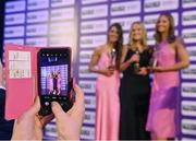 4 November 2022; Clare players, from left, Fidelma Marrinan, Tara Kelly and Aisling Reidy with their TG4 Intermediate Team of the Championship awards at the 2022 TG4 Teams of the Championship awards night at Croke Park, Dublin. Photo by Seb Daly/Sportsfile