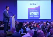 4 November 2022; Mícheál Naughton, LGFA President, speaking at the 2022 TG4 Teams of the Championship awards night at Croke Park, Dublin. Photo by Seb Daly/Sportsfile
