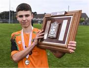 4 November 2022; Matthew Moore of Republic of Ireland with the Victory Shield after the Victory Shield match between Republic of Ireland and Scotland at Tramore AFC in Tramore, Waterford. Photo by Matt Browne/Sportsfile
