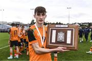 4 November 2022; Mason Melia of Republic of Ireland with the Victory Shield after the Victory Shield match between Republic of Ireland and Scotland at Tramore AFC in Tramore, Waterford. Photo by Matt Browne/Sportsfile