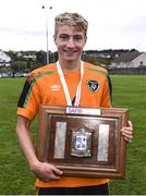4 November 2022; Luke O’Donnell of Republic of Ireland with the Victory Shield after the Victory Shield match between Republic of Ireland and Scotland at Tramore AFC in Tramore, Waterford. Photo by Matt Browne/Sportsfile