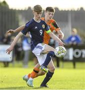 4 November 2022; James Wilson of Scotland in action against Egor Vassenin of Republic of Ireland during the Victory Shield match between Republic of Ireland and Scotland at Tramore AFC in Tramore, Waterford. Photo by Matt Browne/Sportsfile