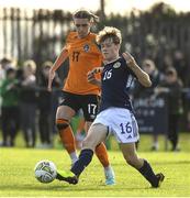 4 November 2022; Sam Chambers of Republic of Ireland in action against Niall McAndrews of Scotland during the Victory Shield match between Republic of Ireland and Scotland at Tramore AFC in Tramore, Waterford. Photo by Matt Browne/Sportsfile