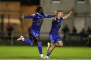 4 November 2022; Junior Quitirna of Waterford, left, celebrates after scoring his side's first goal during the SSE Airtricity League First Division play-off final match between Waterford and Galway United at Markets Field in Limerick. Photo by Michael P Ryan/Sportsfile