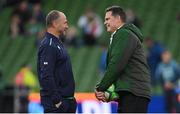 5 November 2022; South Africa director of rugby Rassie Erasmus, right, in conversation with Ireland assistant coach Mike Catt before the Bank of Ireland Nations Series match between Ireland and South Africa at the Aviva Stadium in Dublin. Photo by Ramsey Cardy/Sportsfile