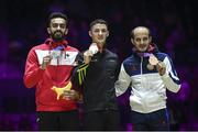 5 November 2022; Medal winners, from left, Ahmad Abu Al Soud of Jordan, Silver, Rhys McClenaghan of Ireland, Gold, and Harutyun Merdinyan of Armenia, Bronze, after the men's pommel horse final during the World Artistic Gymnastics Championships 2022 at The M&S Bank Arena in Liverpool, England. Photo by Sportsfile