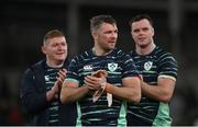 5 November 2022; Ireland players, from left, Tadhg Furlong, Peter O’Mahony and James Ryan after their side's victory in the Bank of Ireland Nations Series match between Ireland and South Africa at the Aviva Stadium in Dublin. Photo by Seb Daly/Sportsfile