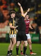 5 November 2022; Referee Noel Mooney issues a black card to Dara O'Callaghan of Crossmaglen Rangers during the AIB Ulster GAA Football Senior Club Championship Round 1 match between Crossmaglen Rangers and Ballybay Pearse Brothers at Athletic Grounds in Armagh. Photo by Oliver McVeigh/Sportsfile