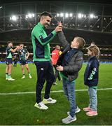 5 November 2022; Conor Murray of Ireland celerbrates with Luca Sexton, son of Jonathan Sexton, after the Bank of Ireland Nations Series match between Ireland and South Africa at the Aviva Stadium in Dublin. Photo by Brendan Moran/Sportsfile