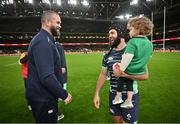 5 November 2022; Jamison Gibson-Park of Ireland and daughter Iris celebrate with head coach Andy Farrell after the Bank of Ireland Nations Series match between Ireland and South Africa at the Aviva Stadium in Dublin. Photo by Brendan Moran/Sportsfile