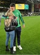 5 November 2022; Conor Murray of Ireland with his partner Joanna Cooper after the Bank of Ireland Nations Series match between Ireland and South Africa at the Aviva Stadium in Dublin. Photo by Brendan Moran/Sportsfile