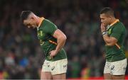 5 November 2022; Jesse Kriel, left, and Cheslin Kolbe of South Africa after the Bank of Ireland Nations Series match between Ireland and South Africa at the Aviva Stadium in Dublin. Photo by Ramsey Cardy/Sportsfile