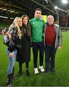 5 November 2022; Conor Murray of Ireland with his partner Joanna Cooper and parents Gerry and Barbara after the Bank of Ireland Nations Series match between Ireland and South Africa at the Aviva Stadium in Dublin. Photo by Brendan Moran/Sportsfile