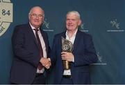 5 November 2022; Iar-Uachtarán Chumann Lúthchleas Gael John Horan presents Martin Breheny with his 2019 Hall of Fame Award during the MacNamee Awards 2019 & 2020 at Cusack Suite in Croke Park, Dublin. Photo by Matt Browne/Sportsfile