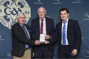 5 November 2022; Iar-Uachtarán Chumann Lúthchleas Gael John Horan presents the MacNamee Awards for the best GAA Publication for 2020 to Len Gaynor, left and Shane Brophy from the Nenagh Guardian  during the MacNamee Awards 2019 & 2020 at Cusack Suite in Croke Park, Dublin. Photo by Matt Browne/Sportsfile