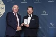 5 November 2022; Iar-Uachtarán Chumann Lúthchleas Gael John Horan presents a MacNamee Awards for Provinicial Media for 2019 to Anthony Hennigan from the Western People during the MacNamee Awards 2019 & 2020 at Cusack Suite in Croke Park, Dublin. Photo by Matt Browne/Sportsfile