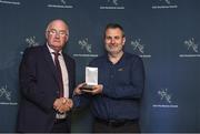 5 November 2022; Iar-Uachtarán Chumann Lúthchleas Gael John Horan presents a MacNamee Awards for Best TV Documentry for 2019 to Cormac Hargarden from Loosehorse Productions during the MacNamee Awards 2019 & 2020 at Cusack Suite in Croke Park, Dublin. Photo by Matt Browne/Sportsfile