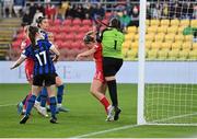6 November 2022; Jessie Stapleton of Shelbourne scores her side's first goal despite the efforts of Athlone Town goalkeeper Niamh Coombes during the EVOKE.ie FAI Women's Cup Final match between Shelbourne and Athlone Town at Tallaght Stadium in Dublin. Photo by Stephen McCarthy/Sportsfile