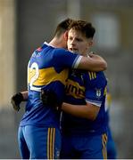 6 November 2022; Cian Rogers of Ratoath, right, celebrates with teammate Keith McCabe after the AIB Leinster GAA Football Senior Club Championship quarter-final match between Ratoath and Rhode at Páirc Tailteann in Navan, Meath. Photo by Eóin Noonan/Sportsfile