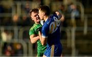 6 November 2022; Keith Murphy of Rhode tussles with Conor Rooney of Ratoath during the AIB Leinster GAA Football Senior Club Championship quarter-final match between Ratoath and Rhode at Páirc Tailteann in Navan, Meath. Photo by Eóin Noonan/Sportsfile