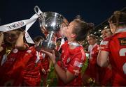6 November 2022; Shelbourne captain Pearl Slattery celebrates with the EVOKE.ie FAI Women's Cup after the EVOKE.ie FAI Women's Cup Final match between Shelbourne and Athlone Town at Tallaght Stadium in Dublin. Photo by Stephen McCarthy/Sportsfile