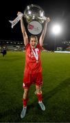 6 November 2022; Heather O'Reilly of Shelbourne celebrates with the EVOKE.ie FAI Women's Cup after the EVOKE.ie FAI Women's Cup Final match between Shelbourne and Athlone Town at Tallaght Stadium in Dublin. Photo by Stephen McCarthy/Sportsfile