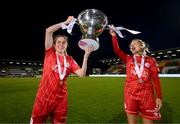6 November 2022; Heather O'Reilly, left, and Emma Starr of Shelbourne celebrate with the EVOKE.ie FAI Women's Cup after the EVOKE.ie FAI Women's Cup Final match between Shelbourne and Athlone Town at Tallaght Stadium in Dublin. Photo by Stephen McCarthy/Sportsfile