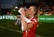 6 November 2022; Jessie Stapleton of Shelbourne celebrates with the EVOKE.ie FAI Women's Cup after the EVOKE.ie FAI Women's Cup Final match between Shelbourne and Athlone Town at Tallaght Stadium in Dublin. Photo by Stephen McCarthy/Sportsfile