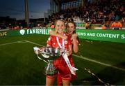 6 November 2022; Jessie Stapleton, left, and Alex Kavanagh of Shelbourne celebrate with the EVOKE.ie FAI Women's Cup after the EVOKE.ie FAI Women's Cup Final match between Shelbourne and Athlone Town at Tallaght Stadium in Dublin. Photo by Stephen McCarthy/Sportsfile