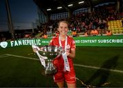 6 November 2022; Jessie Stapleton of Shelbourne celebrates with the EVOKE.ie FAI Women's Cup after the EVOKE.ie FAI Women's Cup Final match between Shelbourne and Athlone Town at Tallaght Stadium in Dublin. Photo by Stephen McCarthy/Sportsfile