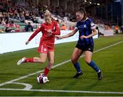 6 November 2022; Emma Starr of Shelbourne in action against Melissa O'Kane of Athlone Town during the EVOKE.ie FAI Women's Cup Final match between Shelbourne and Athlone Town at Tallaght Stadium in Dublin. Photo by Stephen McCarthy/Sportsfile