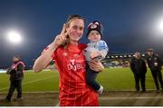 6 November 2022; Heather O'Reilly of Shelbourne celebrates with her son Jack after the EVOKE.ie FAI Women's Cup Final match between Shelbourne and Athlone Town at Tallaght Stadium in Dublin. Photo by Stephen McCarthy/Sportsfile