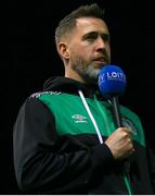 6 November 2022; Shamrock Rovers manager Stephen Bradley is interviewed by LOITV before the SSE Airtricity League Premier Division match between UCD and Shamrock Rovers at the UCD Bowl in Belfield, Dublin. Photo by Michael P Ryan/Sportsfile