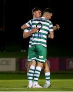 6 November 2022; Aaron Greene of Shamrock Rovers is congratulated by team-mate Justin Ferizaj after scoring his sides first goal during the SSE Airtricity League Premier Division match between UCD and Shamrock Rovers at the UCD Bowl in Belfield, Dublin. Photo by Michael P Ryan/Sportsfile