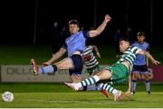 6 November 2022; Aaron Greene of Shamrock Rovers shoots to score his side's first goal during the SSE Airtricity League Premier Division match between UCD and Shamrock Rovers at the UCD Bowl in Belfield, Dublin. Photo by Michael P Ryan/Sportsfile