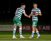 6 November 2022; Aaron Greene of Shamrock Rovers is congratulated by team-mate Justin Ferizaj after scoring his sides first goal during the SSE Airtricity League Premier Division match between UCD and Shamrock Rovers at the UCD Bowl in Belfield, Dublin. Photo by Michael P Ryan/Sportsfile