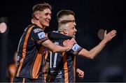 6 November 2022; Keith Ward of Dundalk celebrates with teammates John Martin, left, and Darragh Leahy after scoring their side's first goal during the SSE Airtricity League Premier Division match between Derry City and Dundalk at The Ryan McBride Brandywell Stadium in Derry. Photo by Ben McShane/Sportsfile