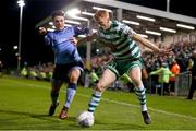 6 November 2022; Rory Gaffney of Shamrock Rovers in action against Sean Brennan of UCD during the SSE Airtricity League Premier Division match between UCD and Shamrock Rovers at the UCD Bowl in Belfield, Dublin. Photo by Michael P Ryan/Sportsfile