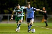 6 November 2022; Jamie Duggan of UCD in action against Aaron Greene of Shamrock Rovers during the SSE Airtricity League Premier Division match between UCD and Shamrock Rovers at the UCD Bowl in Belfield, Dublin. Photo by Michael P Ryan/Sportsfile